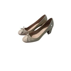 Kate Spade Bev Patent Leather Block Heel Pumps Beige Bow Round Toe Shoes 5.5B